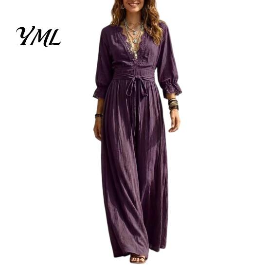 Versatile Commuter Dress Women V-Neck Lace for Fall, 3/4 Sleeves Maxi with V Neck Belt, Solid Color Loose Casual Long Vacation Daily Wear