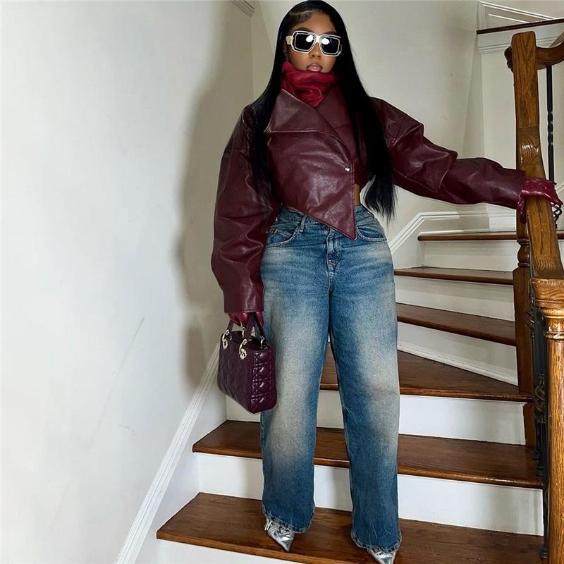 Letní dámská módní stylová vypasovaná zkrácená bunda z PU kůže jednobarevná ležérní