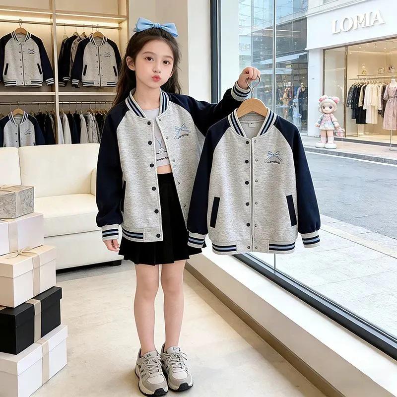 Girls  Spring Casual Patchwork Baseball Jacket - Loose School Style 130 cm