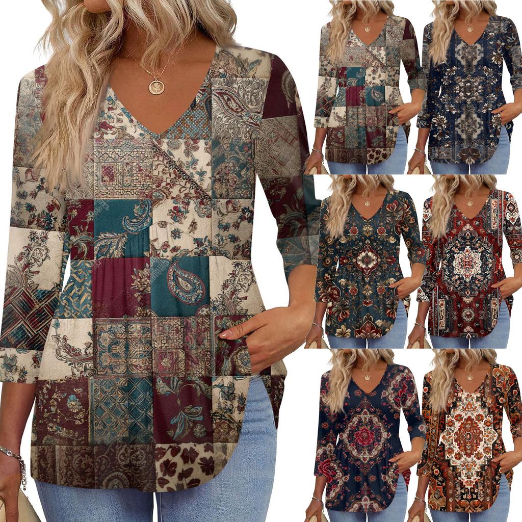 Women's T Shirt Print 3/4 Sleeve Fashion Basic V- Neck Regular Top