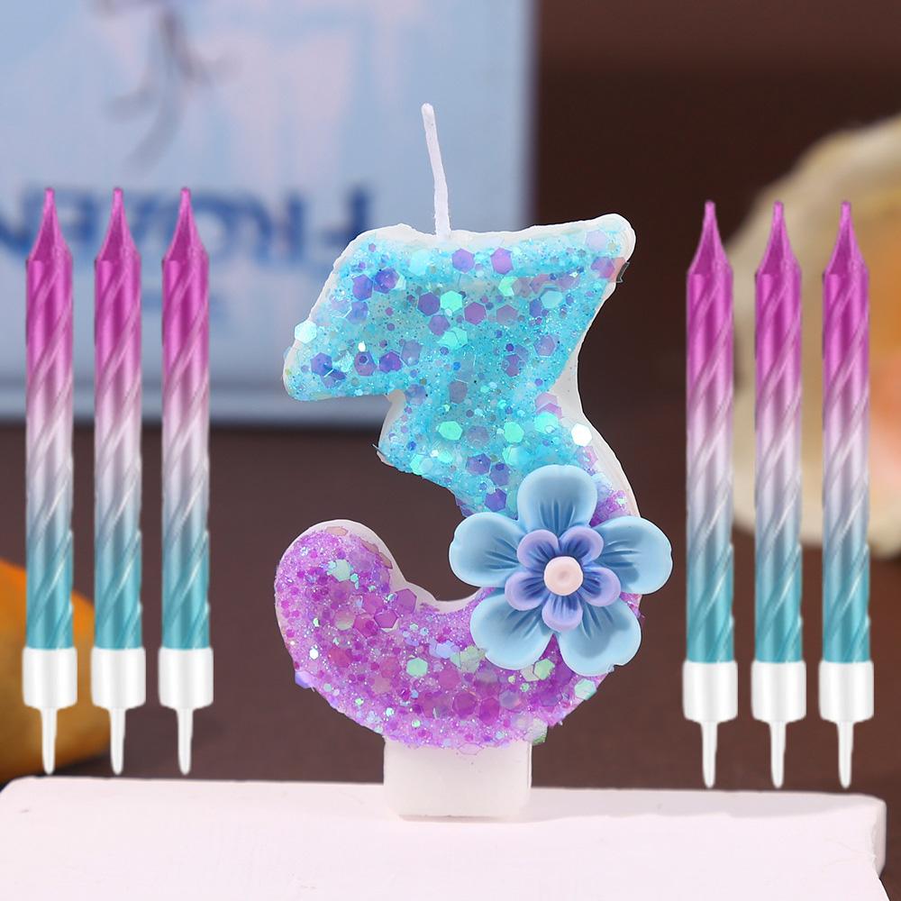 7pcs Blue Purple Flower Birthday Number Candles,Flower Theme Party Decorations, Cupcake Decorations,Suitable for Party Celebrati