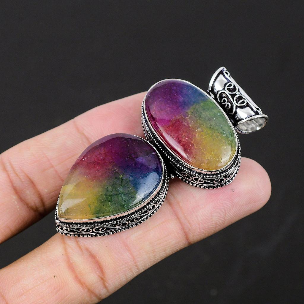 Rainbow Solar Quartz Gemstone Handmade 925 Sterling Silver Pendant Natural Gemstone Fix Loop Pendant Double Rainbow Solar Quartz Pendant