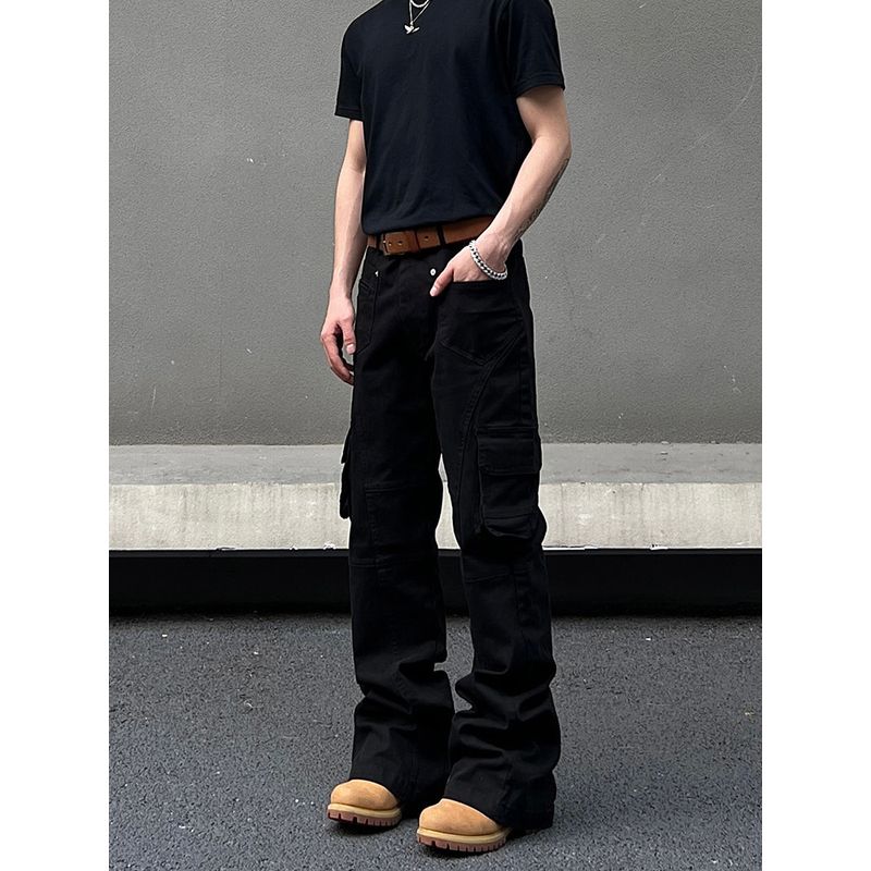 Blaexit American-Style Cleanfit Black Scimitar-Flared Cargo Pants Multi-Pocket Jeans Men's Vibe Pants