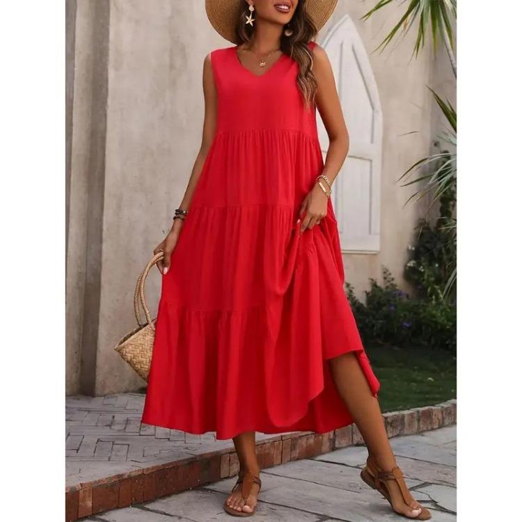 Women Elegant V-neck Loose Long Dresses Casual Vacation Beach Holiday Summer Femme Yellow Black RUFFLES