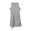 Women Sleeveless Round Neck Dress Pleated Bow Belt Irregular Hem Minimalist Elegant Chic Wear