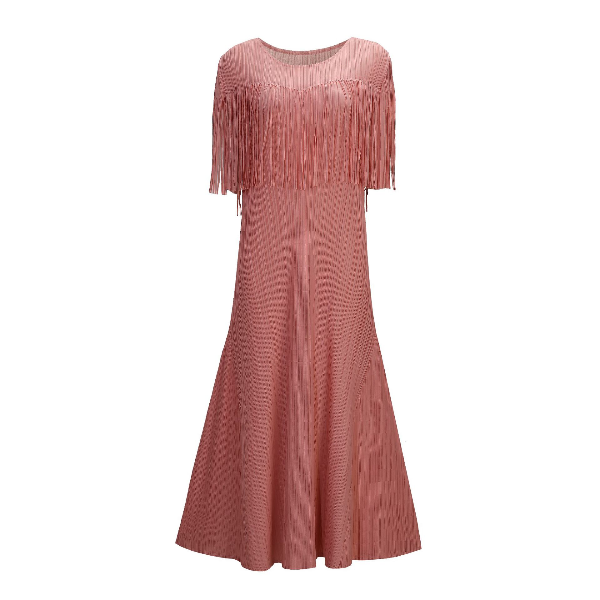 Processing custom European and American pleated texture designer brand fashion fringed long women s dress S