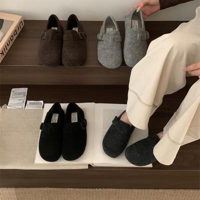 Retro Round Head Wool Velvet Shoes Women's Winter Lazy People Pedal Thermal Cotton Ladyshoes Ugly Cute Big Head Shoes