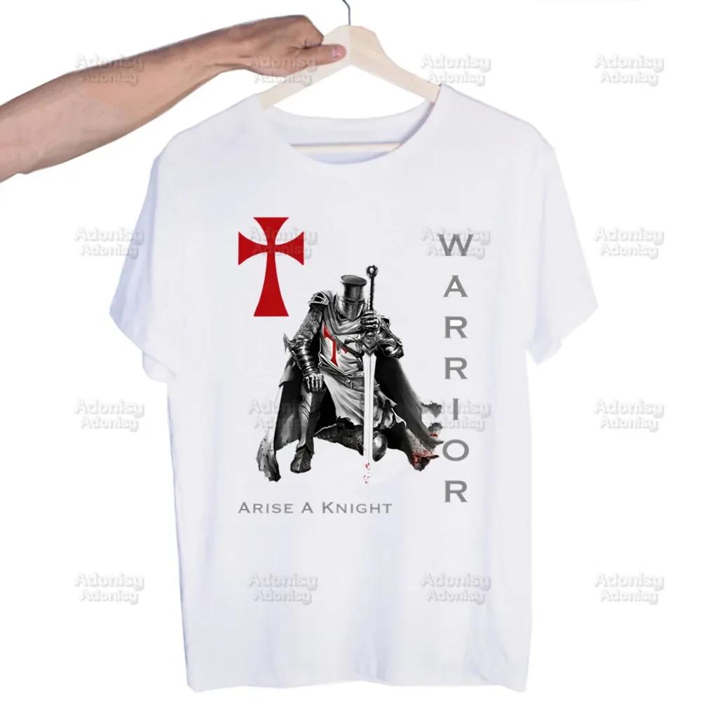 Medieval Knights Templar Printed T Shirt Men Retro Washed Tops Tees Harajuku Tshirt Streetwear Hip Hop Male T-shirts