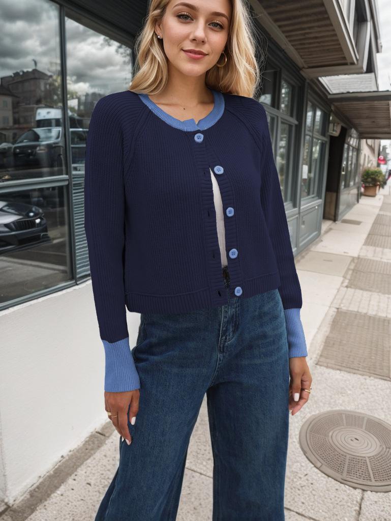 Ribbed Sweater Coat Women Color Block Knitted Cardigan Sweater Button-Up Round Neck Long Sleeve Casual Knitting Tops