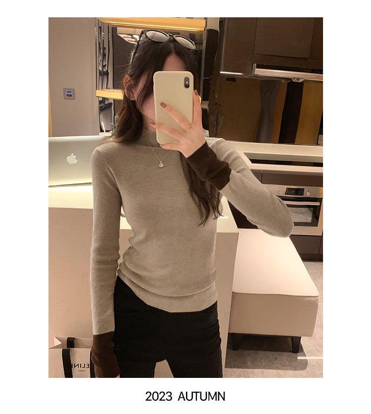 Korean Color Block Slim Fit Women's Knitwear - Autumn/Winter Long Sleeve Semi-High Neck Sweater