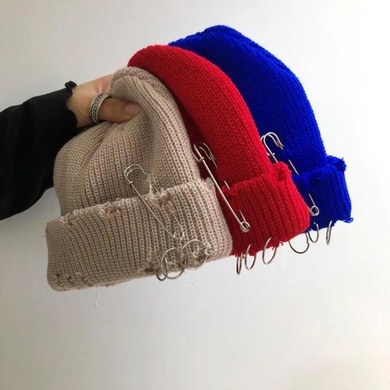 Unisex Warm Knitted Hats Hip Hop Beanies Cap Metal Pin Ring Brimless Hat Ripped Holes Edging Skullcap Hat Winter Caps