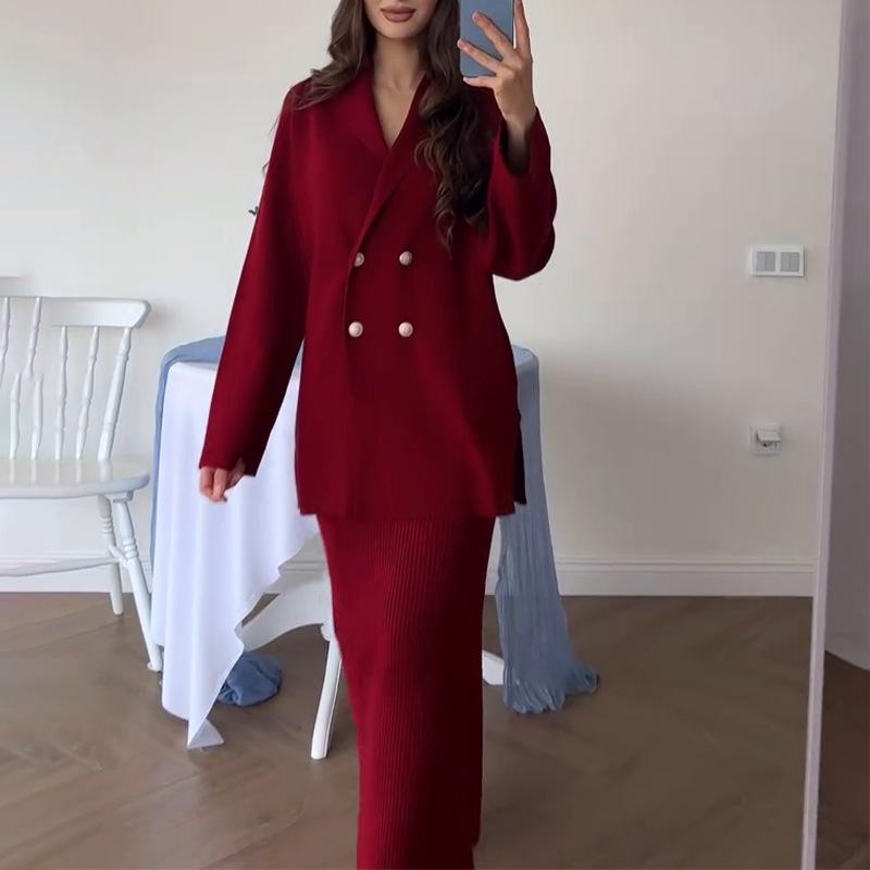 Women's 2025 European & American Solid Color Button Cardigan Sweater & Skirt Set - Warm & Stylish For Commute