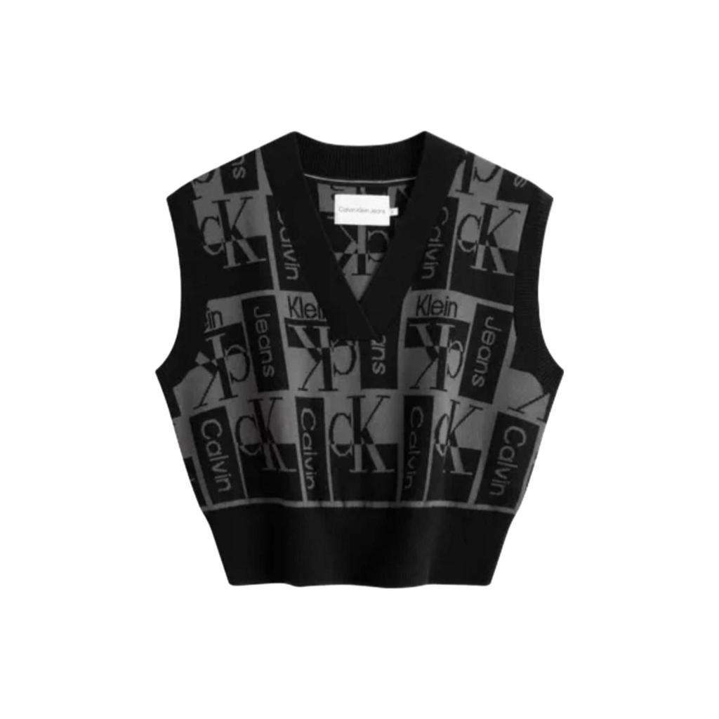 Calvin Klein FW23 Letter Jacquard V-Neck Pullover Vest Knit Sweater Women Sweater Space-Black J222312