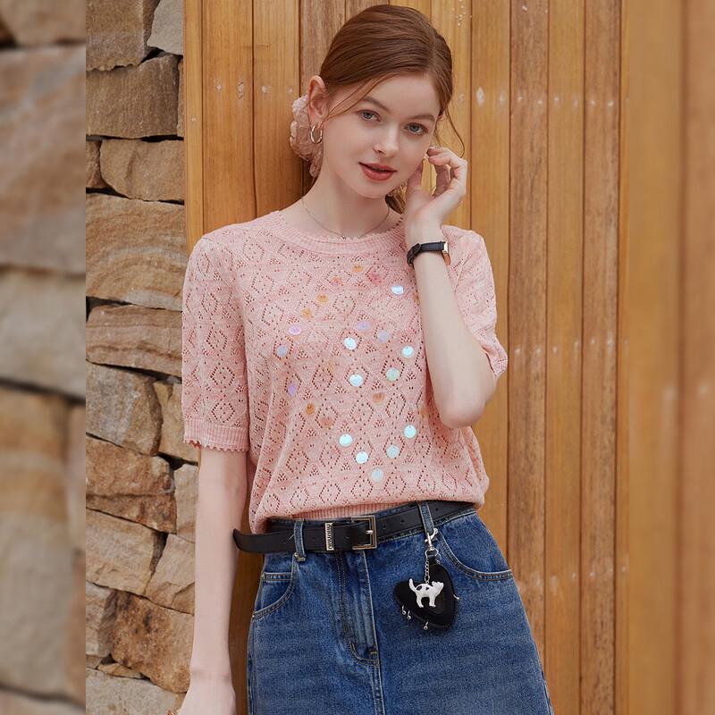 Bailuyu Women s Glitter Hollow Diamond Knit Short Sleeve Top S