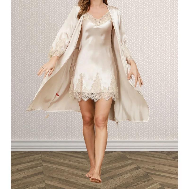 

Женский комплект из 2 предметов: кимоно из шелка Mulberry, ночная рубашка и халат, пижама и халат из чистого шелка, кружевной комплект 2XL