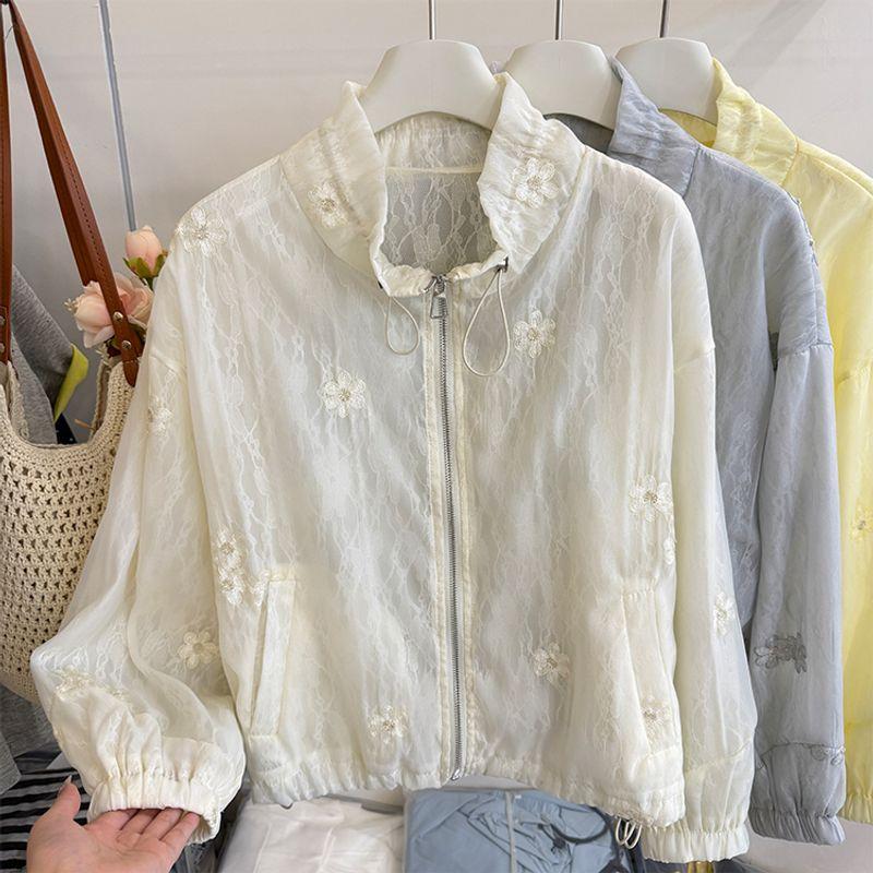 

Дизайнерский воротник-стойка, вязаный крючком, с вышивкой, кружевной, с защитой от солнца, верхняя одежда, женский, ранняя весна 2025, универсальная куртка, топ Beige White M