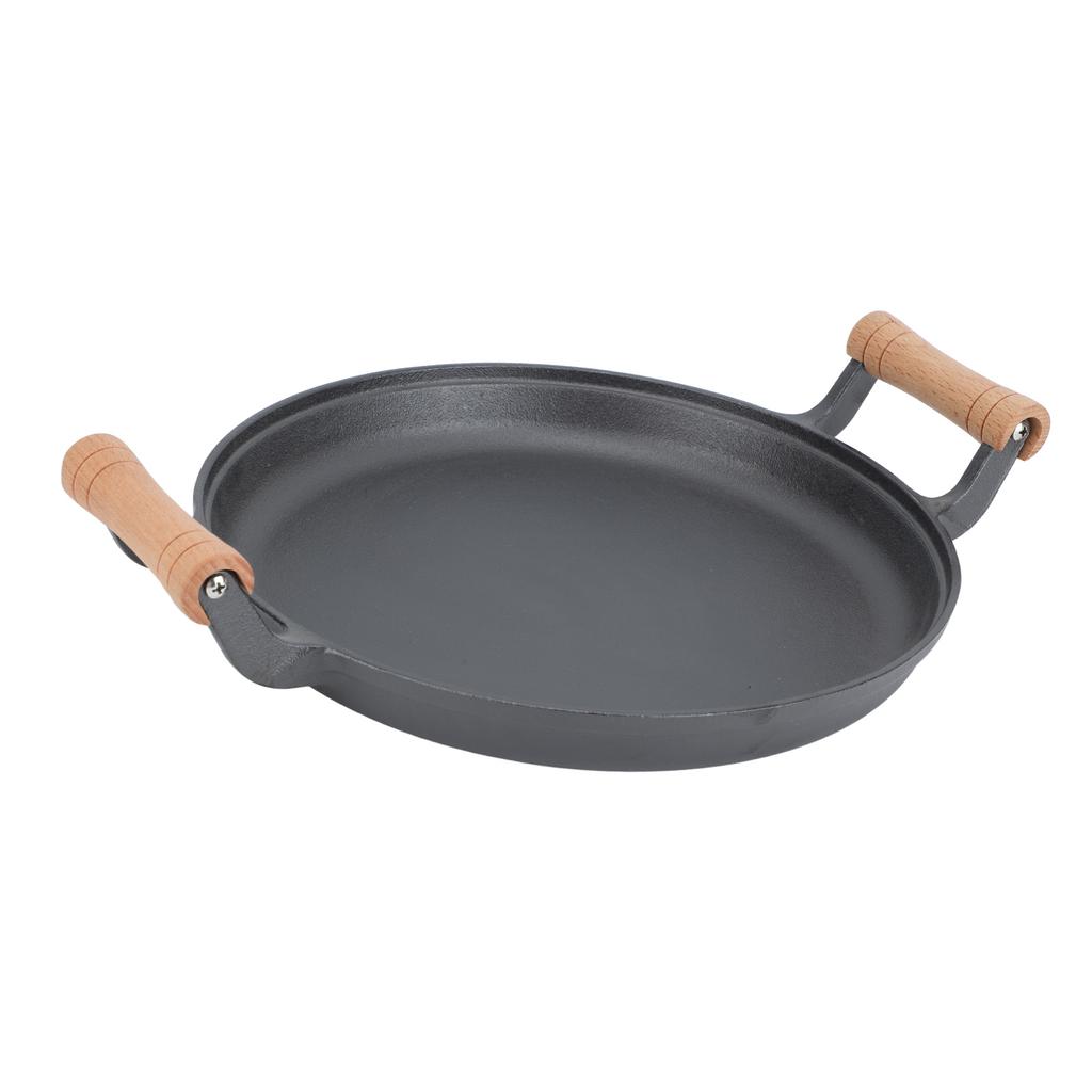 BBQ Grill Pan with Dual Wooden Handles Round Cast Iron Steak Frying Meat Roasting Skillets for