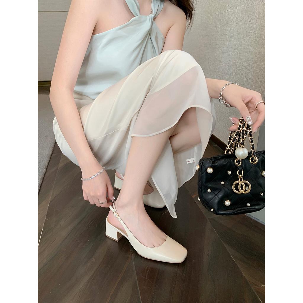 Summer New Temperament One-word with Square Head Back Empty Shallow Mouth Versatile Thick Heel Single Shoes Women's 2025 New Temperament