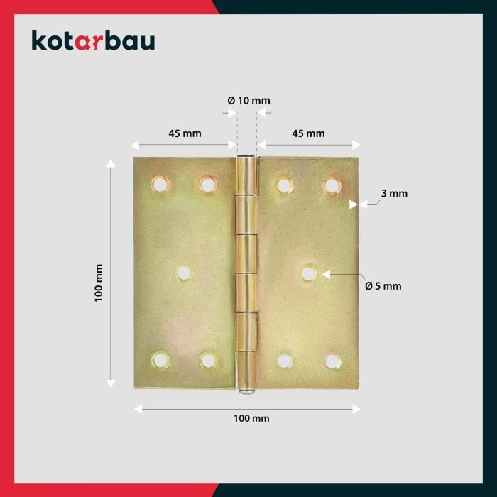 Lot de 10 Charnières de meubles - 100mm x 100 mm - Galvanisées - Jaune - KOTARBAU