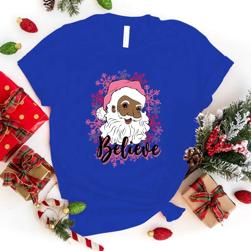 Unisex T-shirty z krótkim rękawem Świąteczne z nadrukiem Wierz w Świętego Mikołaja Damskie Codzienne Topy Harajuku Zabawne T-shirty