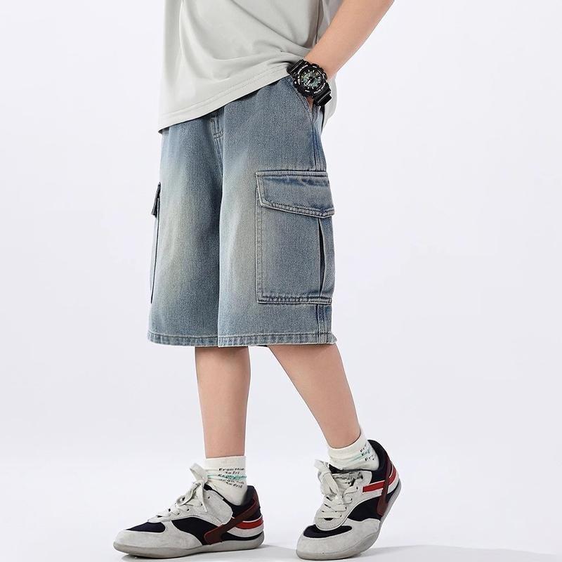 Summer Teen Boys Denim Shorts Fashion Solid Color Big Pocket Thin Jeans Pants for 4-14 Years Kids Children Casual Trousers