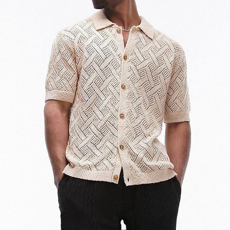 Mens Short Sleeve Polo Neck Knit Cardigan Hollow Out Slim Fit Young Adults