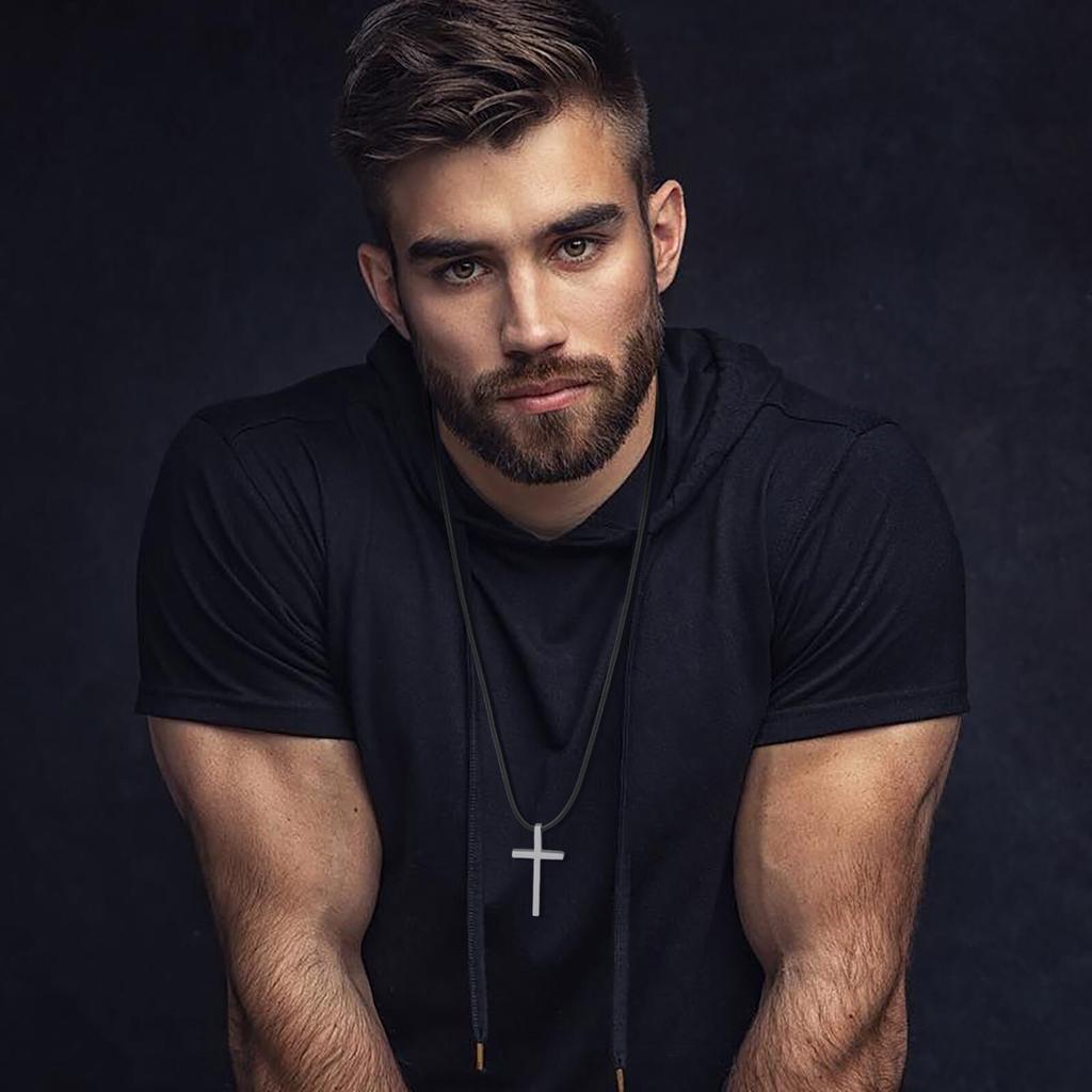 Vnox Minimalist Stainless Steel Cross Necklaces,Simple Thick Metal Pendant with Adjustable Black Rope Chain,Mens Religon Jewelry