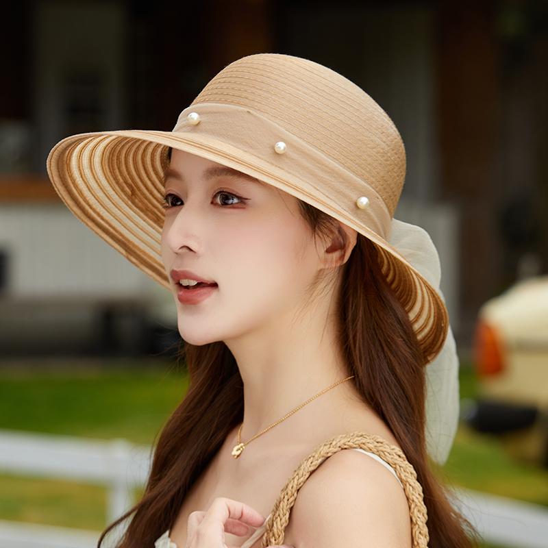 Summer Elegant Organza Fisherman Hat For Women Wide Brim Pearl Bow Sun Hat Mom's UV Protection Beach Hat 2026 New