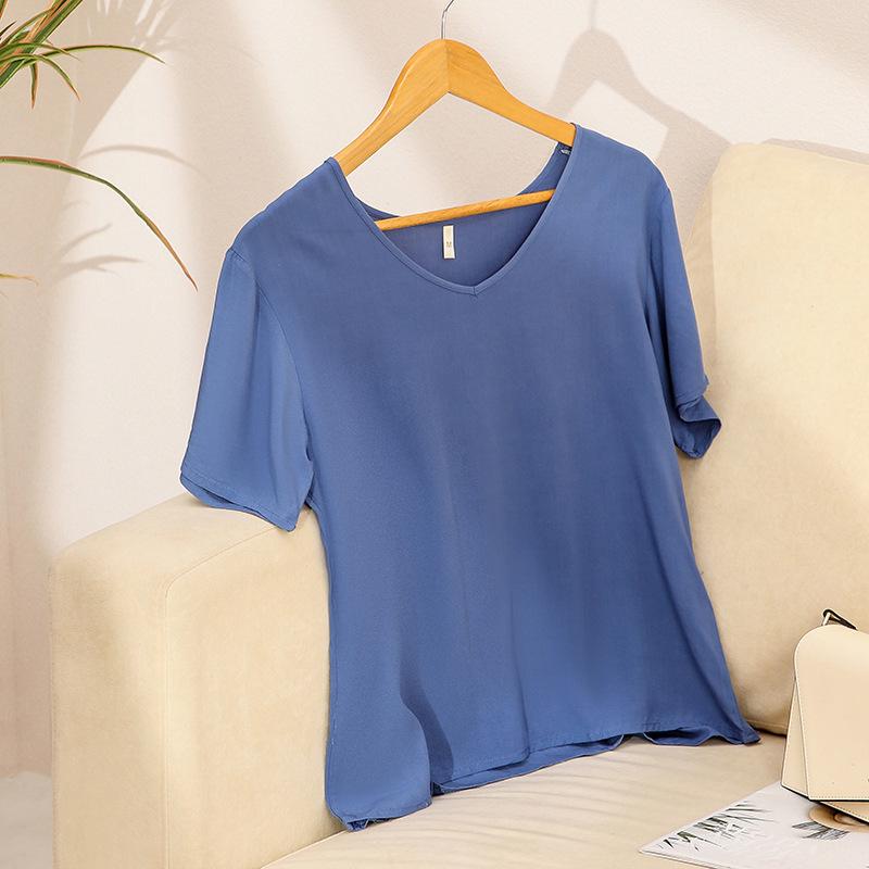 Sommer Damen Baumwolle und Seide Kurzarm T-Shirt Einfarbig V-Ausschnitt Locker und Bequem Lässige Baumwolle Kühle Loungewear Pyjama