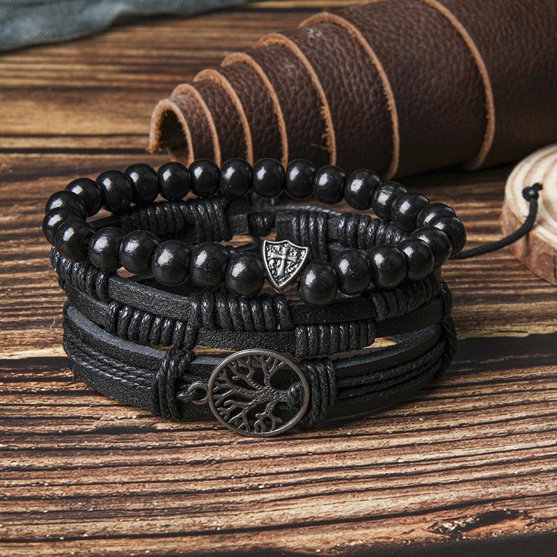 Cross-border E-commerce Exclusive Vintage Multi-layer Braided Strands Men's Cowhide Genuine Leather Alloy Tree Life Bracelet