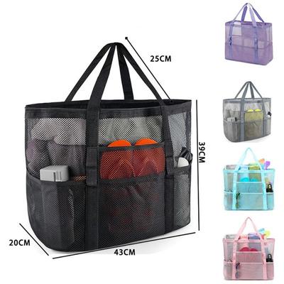 Large Mesh Beach Bag Breathable Pool Travel Tote 9 Pockets Sandproof Toiletry Handbag Lightweight Family Swimming Bag Organizer