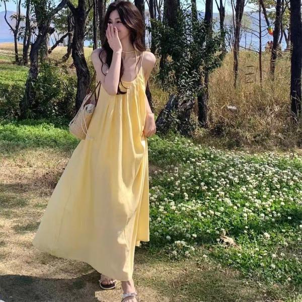 

Французское желтое платье-майка: Женское свободное длинное летнее платье в стиле морского отдыха L Premium жёлтый