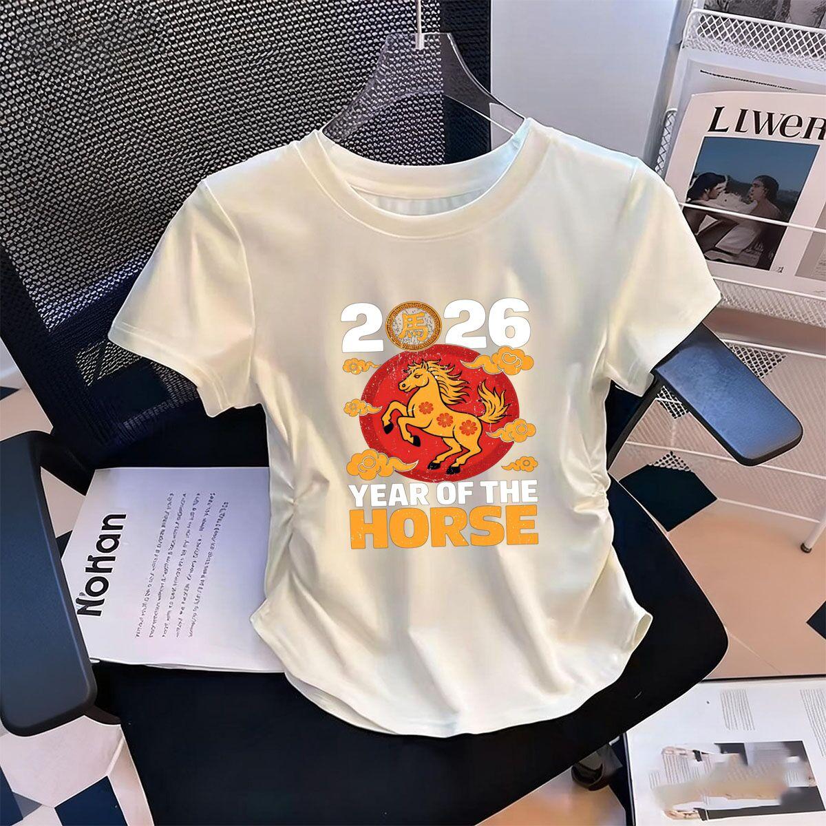 

Womens WaistDefining Elastic T Shirt Good luck in the New Year printed Short Sleeve Round Neck top tee Summer Outdoor tshirts S