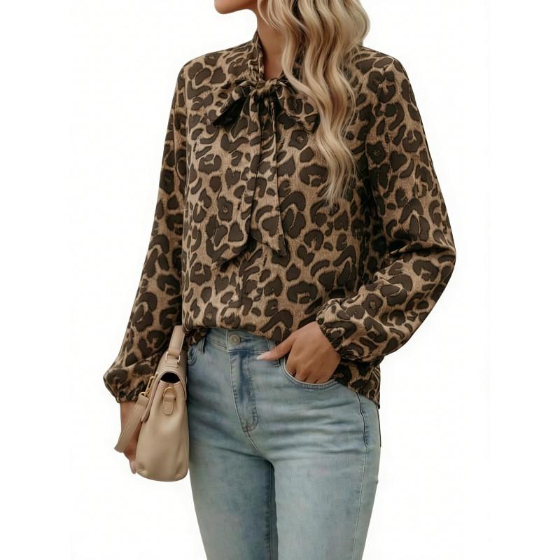 Dámská halenka s leopardím vzorem a dlouhým rukávem 2026 Kancelářský elegantní top se zvonovými rukávy