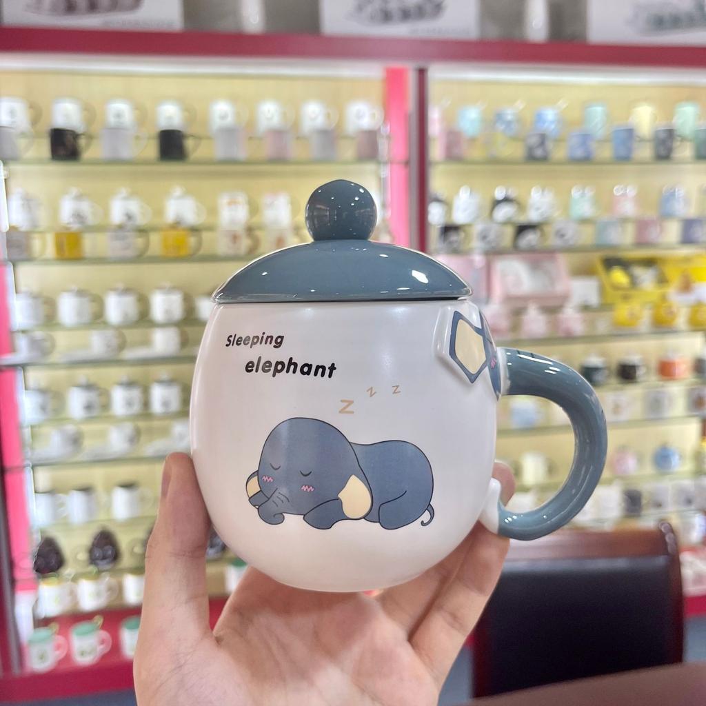Creative and Cute Elephant Mugs Office Home Ceramic Cups  Covered Spoons  Student Breakfast Milk Cups Coffee Cups
