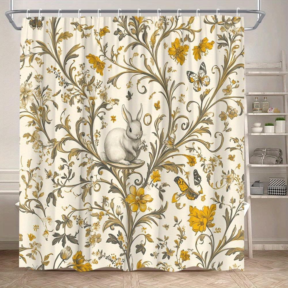 

Vintage Floral Bunny Waterproof Shower Curtain - Elegant Yellow Flowers And Butterflies Design,Durable Fabric For Bathroom Decor W60H190(CM)-1 Pcs