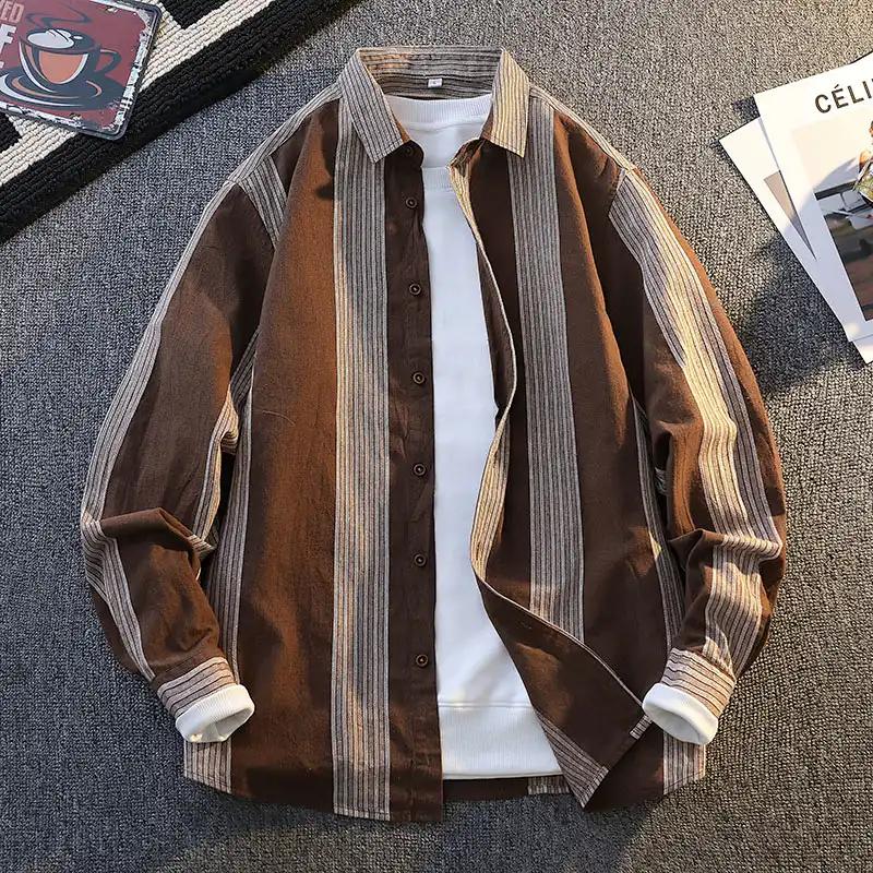 Men Thin Striped Long Sleeve Shirt New Loose Spring Autumn Color Block Casual Outerwear Trendy Commute Fashion Top