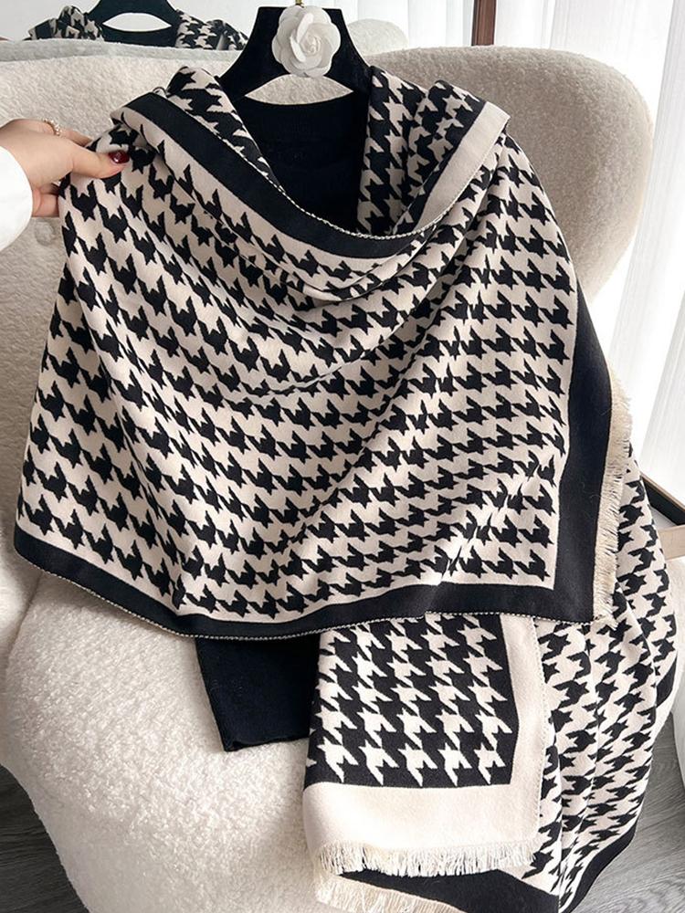 Women Retro Houndstooth Knitted Scarf Headscarf Elegant Ladies Warm Scarve Mujer Party Business Formal Wrap Shawl New Winter