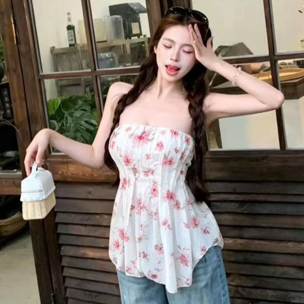 Summer new niche design pleated print tube top Spice girl top women's clothing can be worn outside sleeveless off-the-shoulder vest