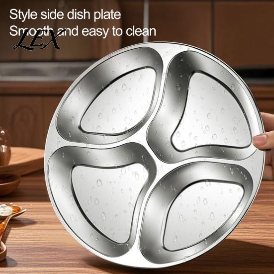 Rutschfeste Basis, geteilte Schale, Edelstahlplatte, Metall-Essensschale mit 4 Fächern, portionenkontrollierende, ergonomische, abgerundete Kante, Speiseplatte und Diätmanagement