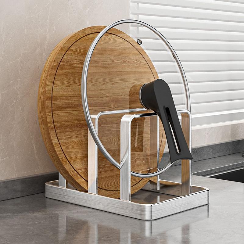 Prostorově úsporná kombinace organizéru na poklice a krájecí prkénka z nerezové oceli - Odolný stojan na pracovní desku, Kuchyňský organizér