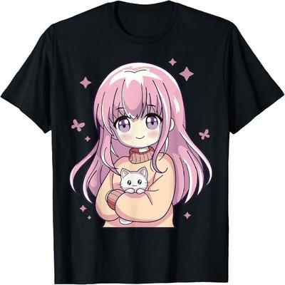 Anime Girl With Pink Hair Cute White Cat Otaku Lover Teen T-Shirt
