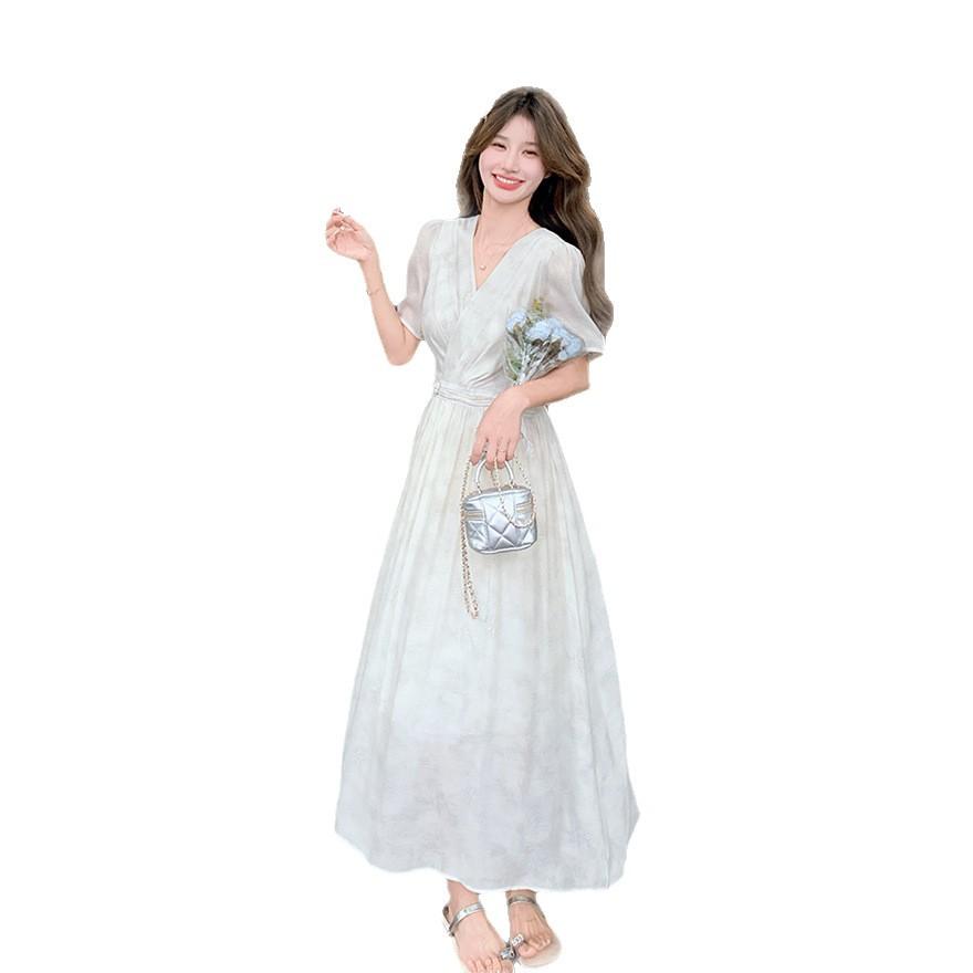 Beautiful Simple and Generous V-neck White Dress for Women's Summer Waist Temperament, Thin White Moonlight First Love Long Dress