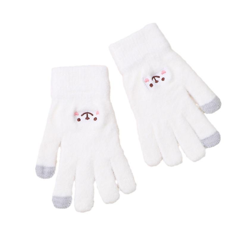 Embroidered Gloves Women Cute Cartoon Smile Bear Autumn Winter Warm Unisex Knit