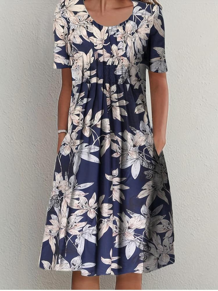 Summer Casual Retro Pleated Printed Beach Skirt Women Long Style Large Skirt Hem Elegant Female Vintage Round Neck Short Sleeved Ladies Party Dress