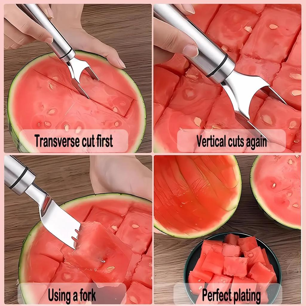 2-in-1-Wassermelonen-Gabelschneider, Doppelkopf, Edelstahl, multifunktionaler Wassermelonen-Obstschneider, Küchen-Obstschneidegabel-Werkzeug