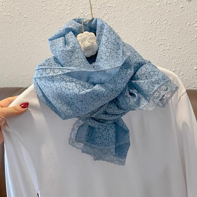 Small Flower Lace Cotton Linen Thin Scarf for Women In Winter Shawl Spring and Autumn Fashionable Scarf Silk Scarf Printed Gauze Scarf