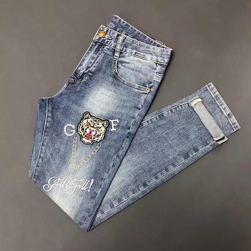 Blugi bărbați cu găuri sparte imprimați bărbați tide nou-nouț Slim picioare mici trend gri casual pantaloni lungi modele de vară