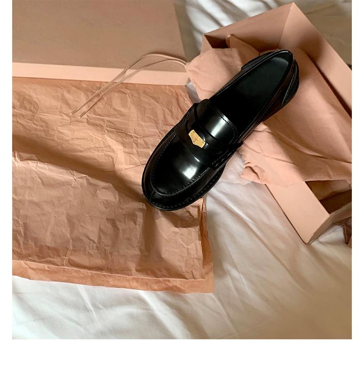 Sheepskin~ Small Gold Buckle Genuine Leather One-pedal Lazy Loafers Women's Polished Retro Old Thick-soled British Small Leather Shoes