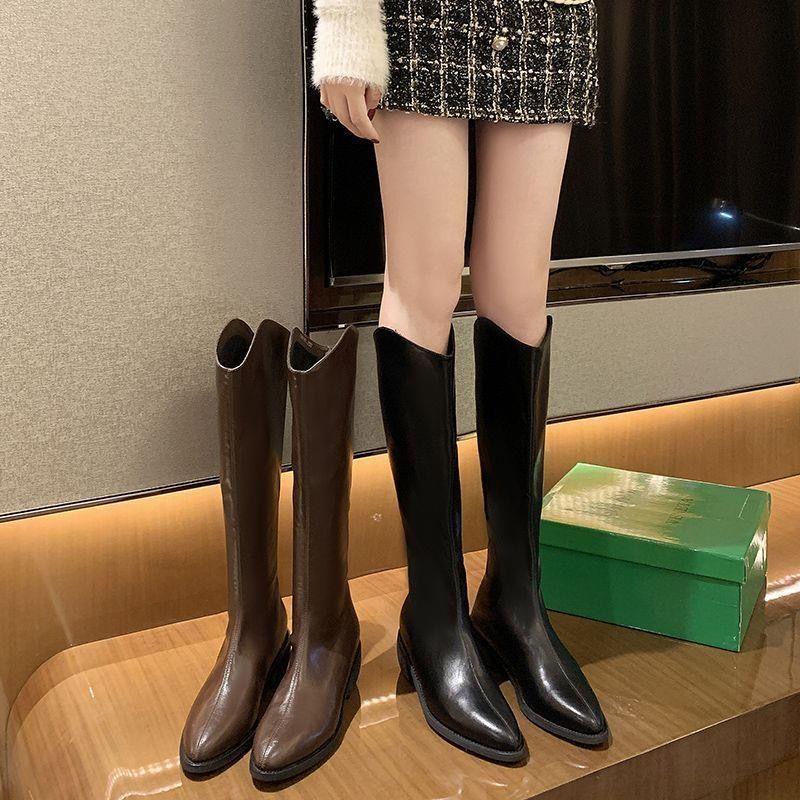 Fashion Middle Heel Knee High Shaft Shoes Woman Leather Brown Pointed Toe Long Boots for Women Comfortable and Elegant New in Footwear